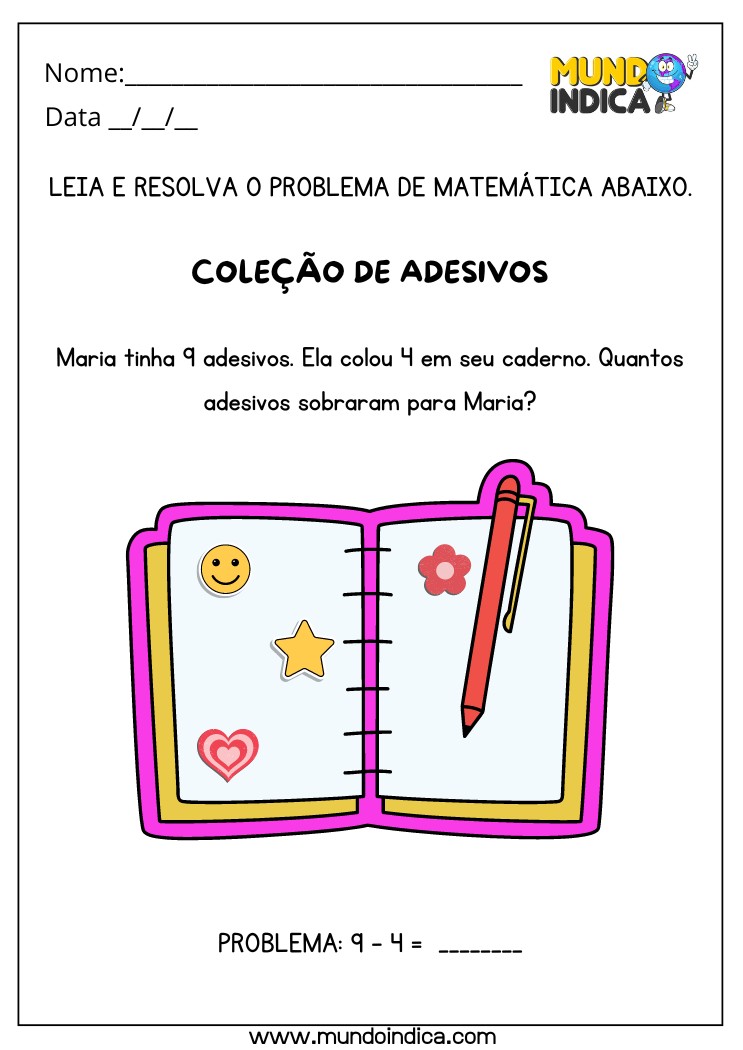 Atividade com Problema Matemático de Subtração dos Adesivos da Maria para Alunos com Autismo para Imprimir