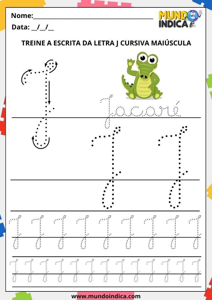 Folha de atividade com a letra J cursiva maiúscula