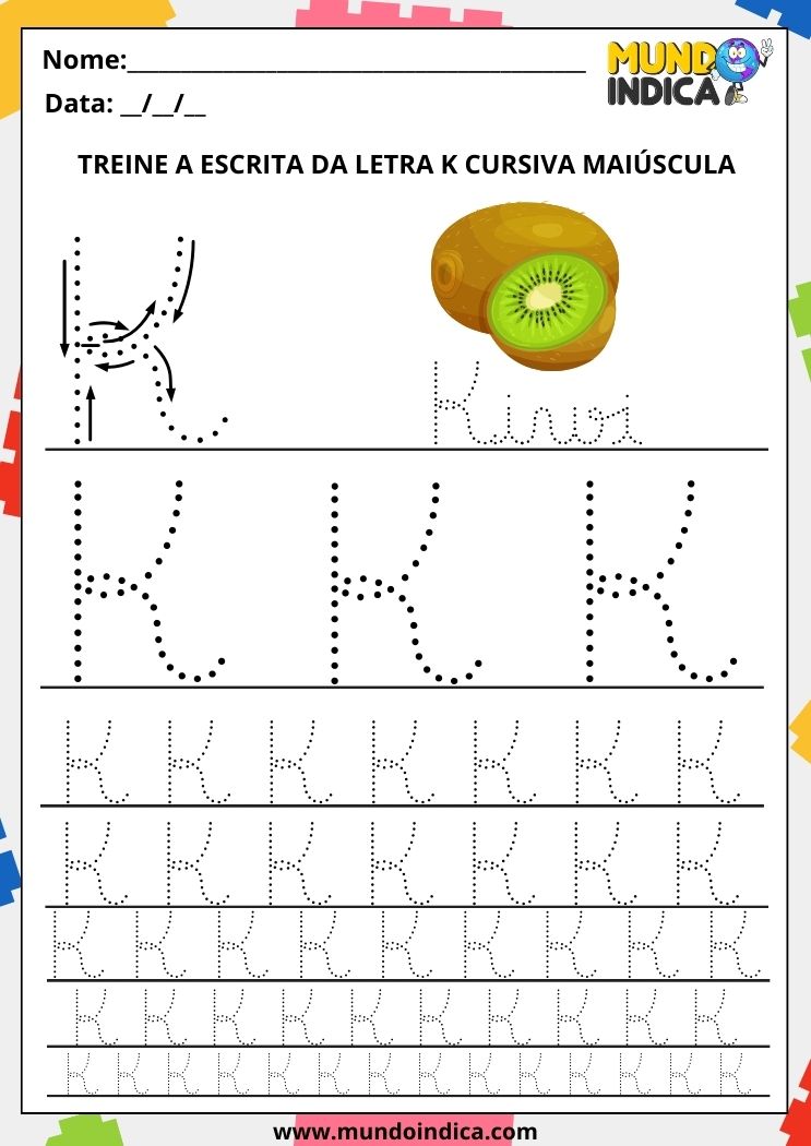 Folha de atividade com a letra K cursiva maiúscula