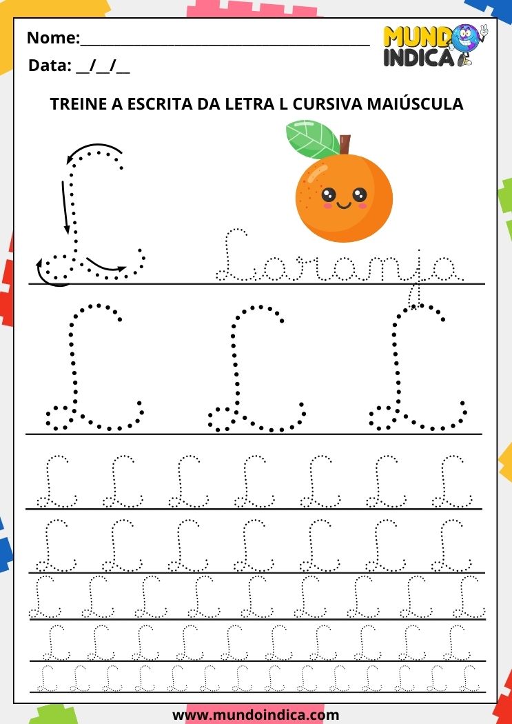 Folha de atividade com a letra L cursiva maiúscula