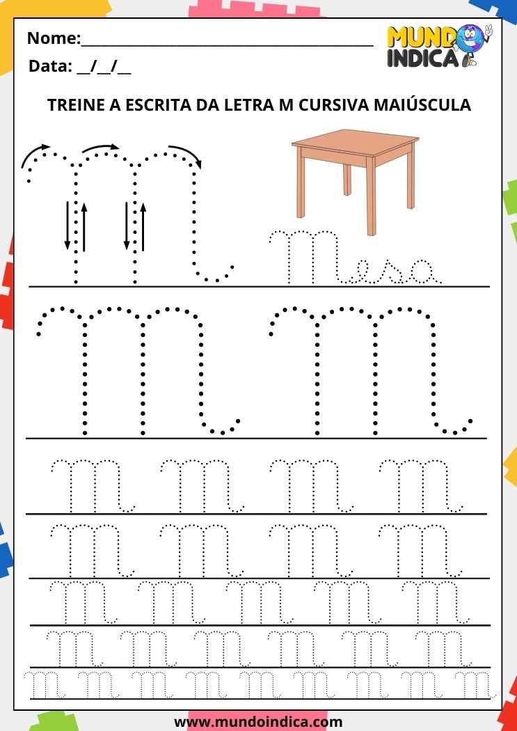 Folha de atividade com a letra M cursiva maiúscula