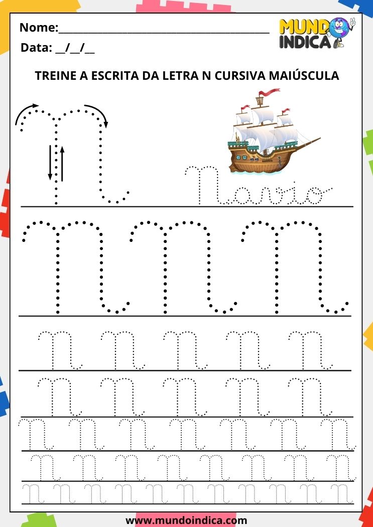 Folha de atividade com a letra N cursiva maiúscula