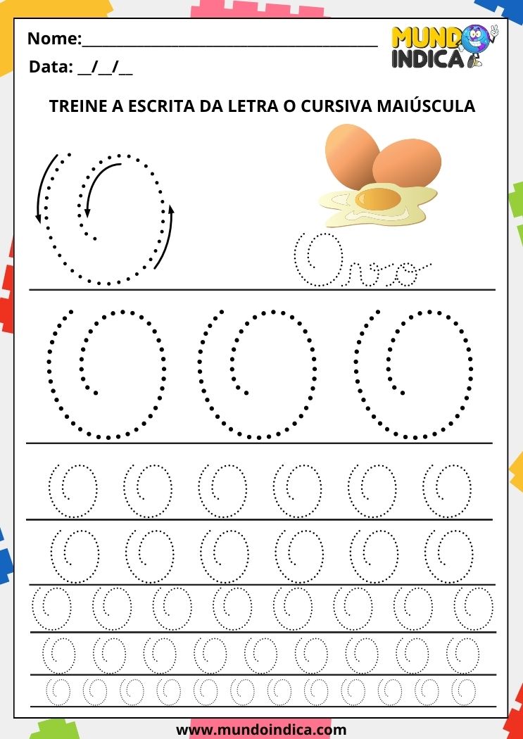 Folha de atividade com a letra O cursiva maiúscula