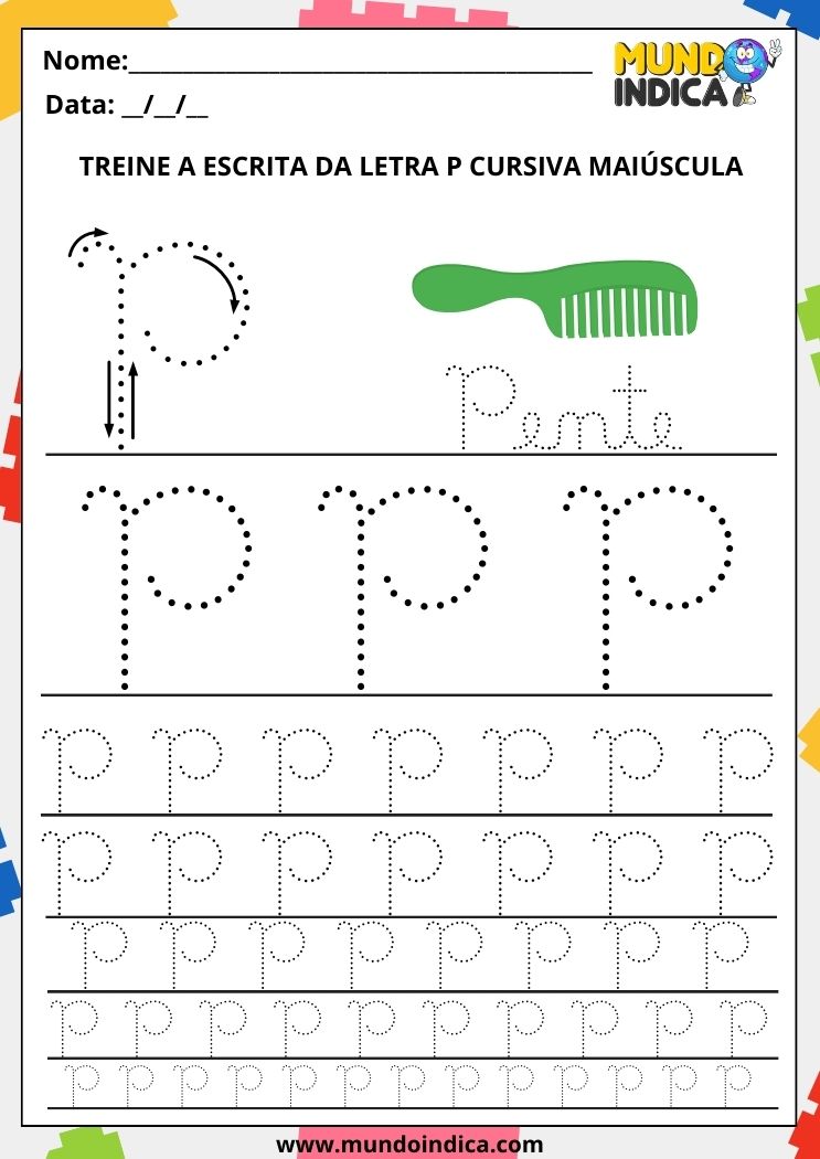 Folha de atividade com a letra P cursiva maiúscula