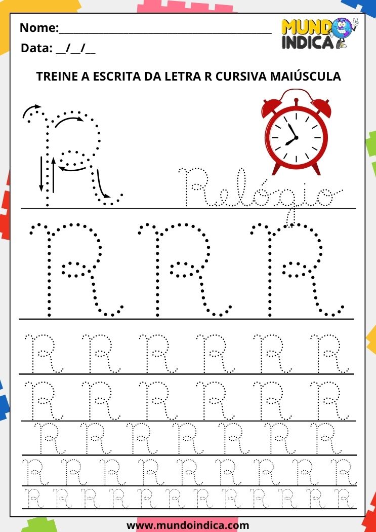 Folha de atividade com a letra R cursiva maiúscula