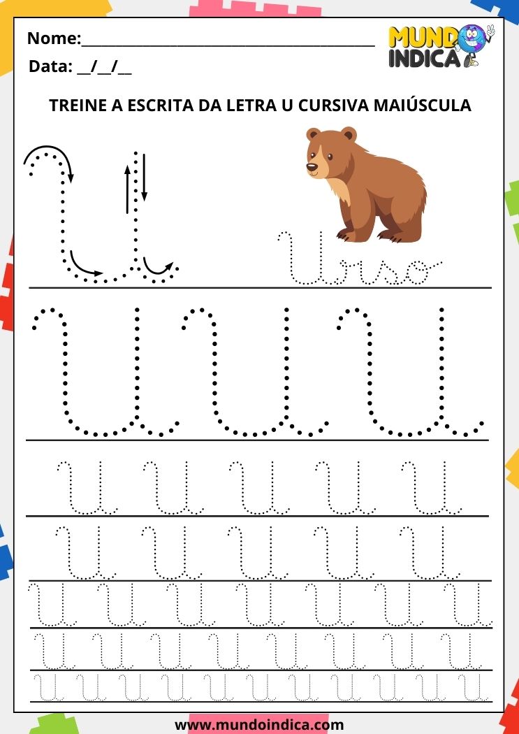 Folha de atividade com a letra U cursiva maiúscula
