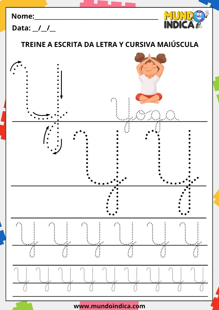 Folha de atividade com a letra Y cursiva maiúscula
