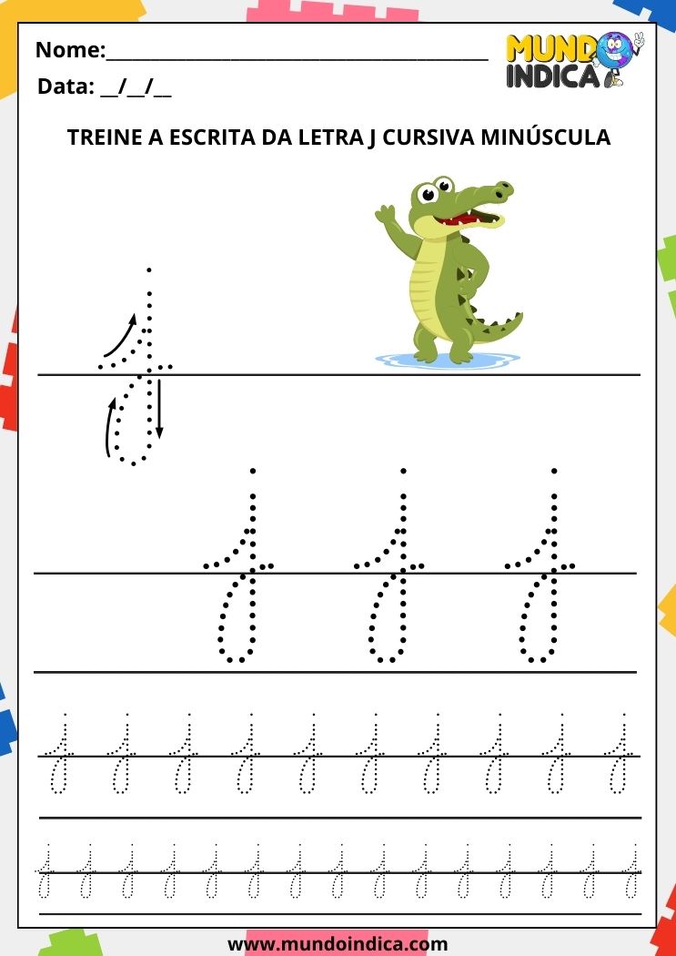 Folha de atividade com a letra j minúscula cursiva para imprimir