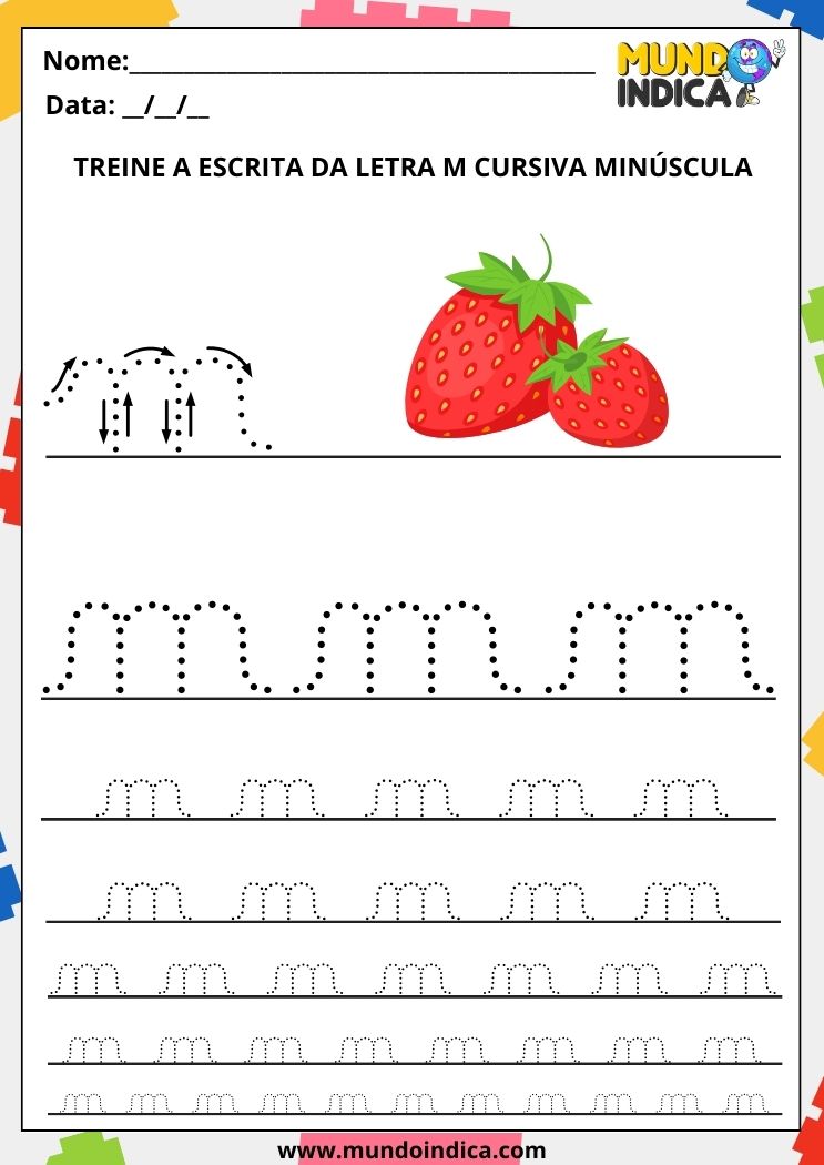 Folha de atividade com a letra m minúscula cursiva para imprimir