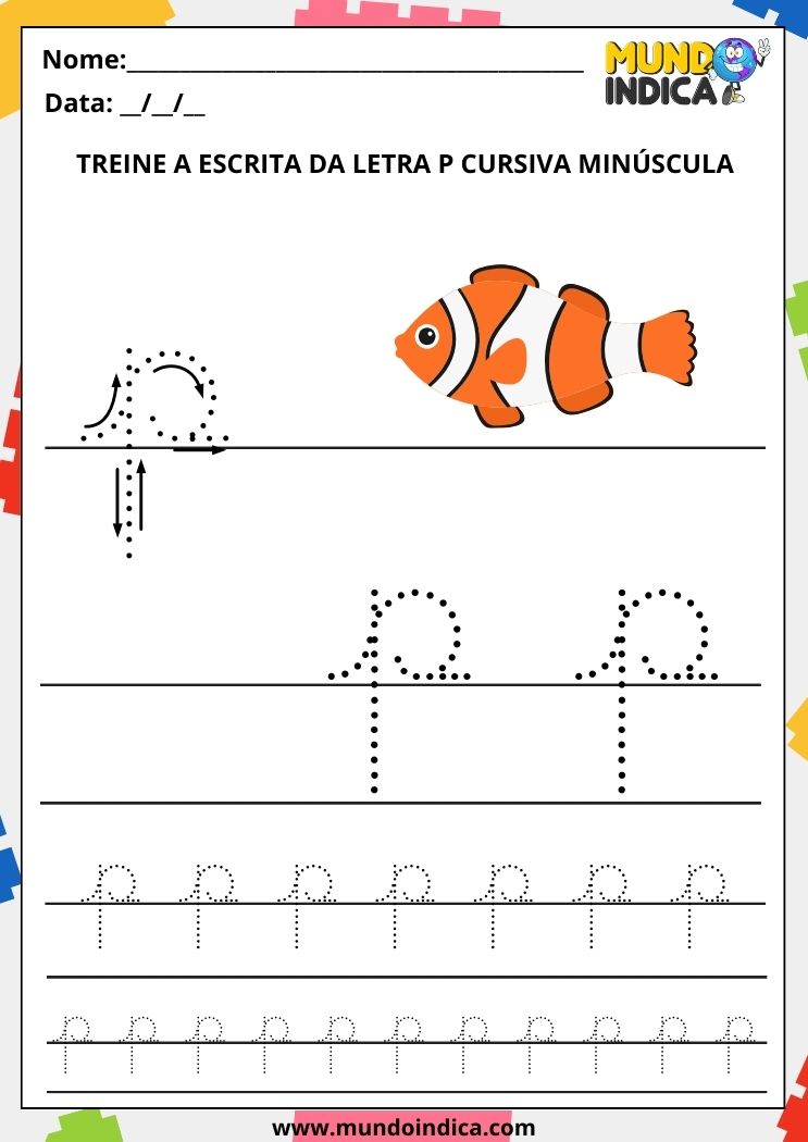 Folha de atividade com a letra p minúscula cursiva para imprimir