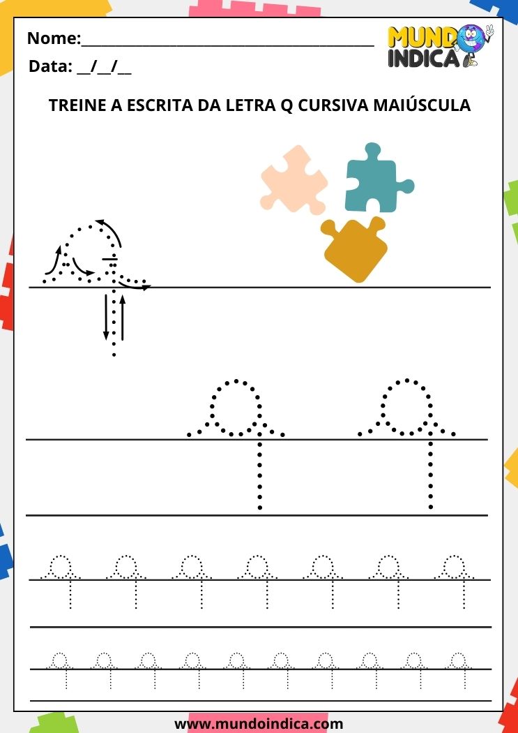 Folha de atividade com a letra q minúscula cursiva para imprimir