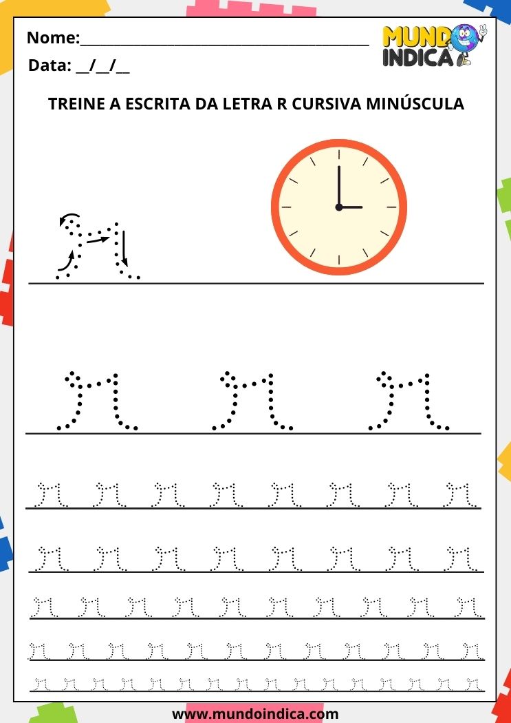 Folha de atividade com a letra r minúscula cursiva para imprimir