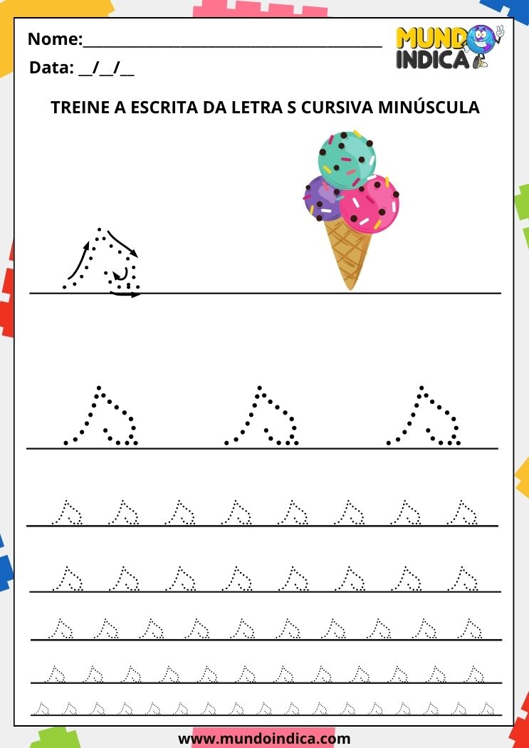 Folha de atividade com a letra s minúscula cursiva para imprimir