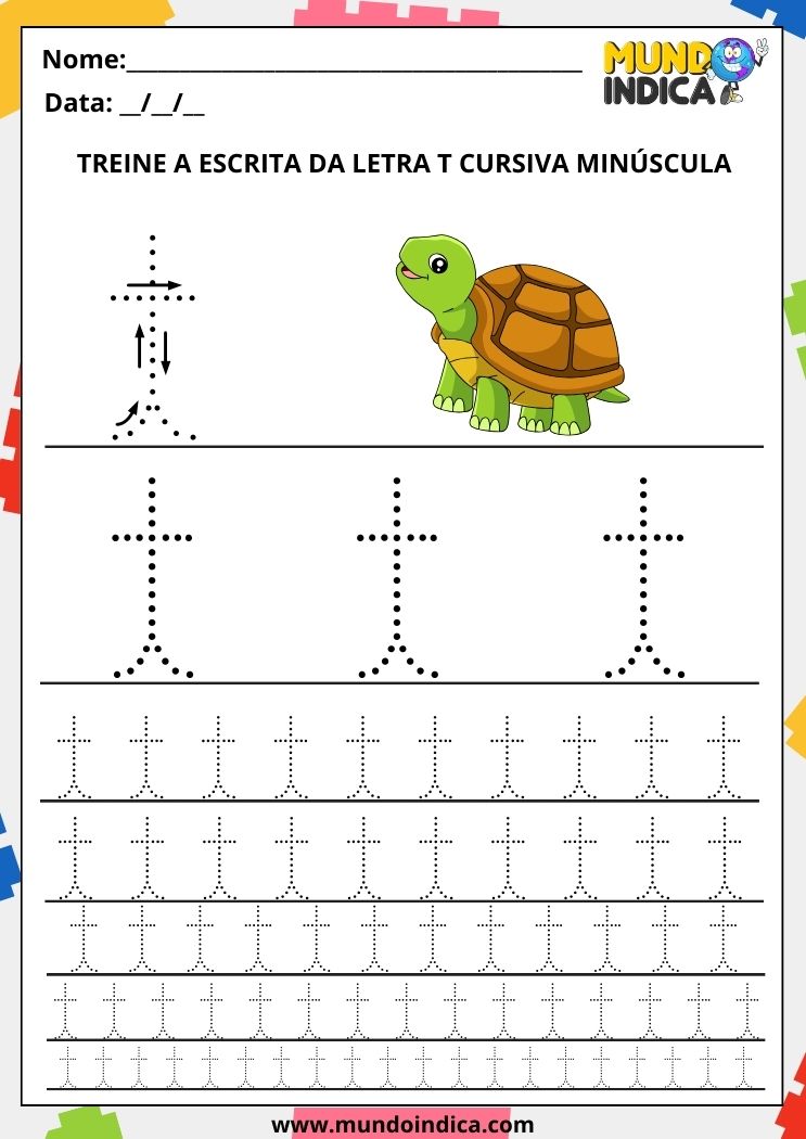 Folha de atividade com a letra t minúscula cursiva para imprimir