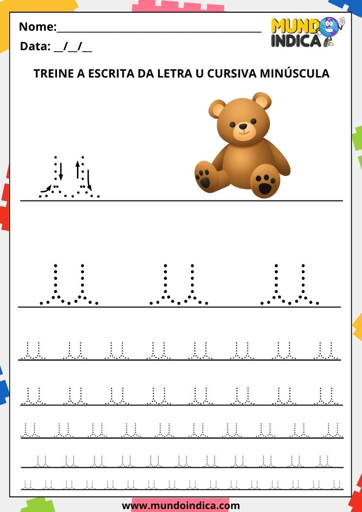 Folha de atividade com a letra u minúscula cursiva para imprimir