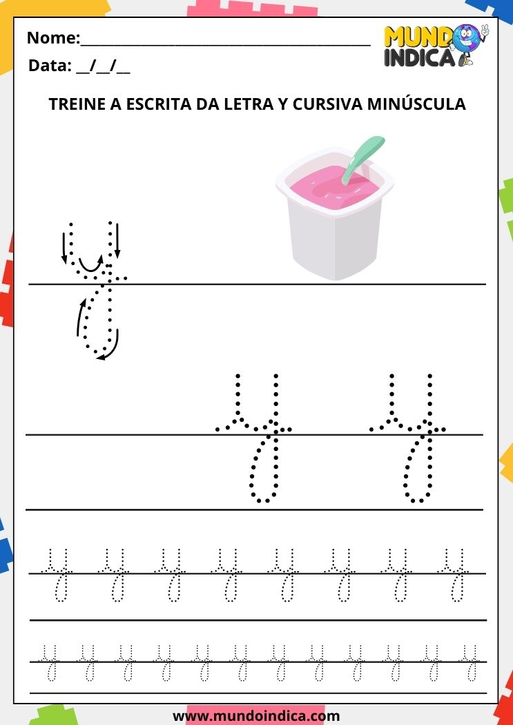 Folha de atividade com a letra y minúscula cursiva para imprimir