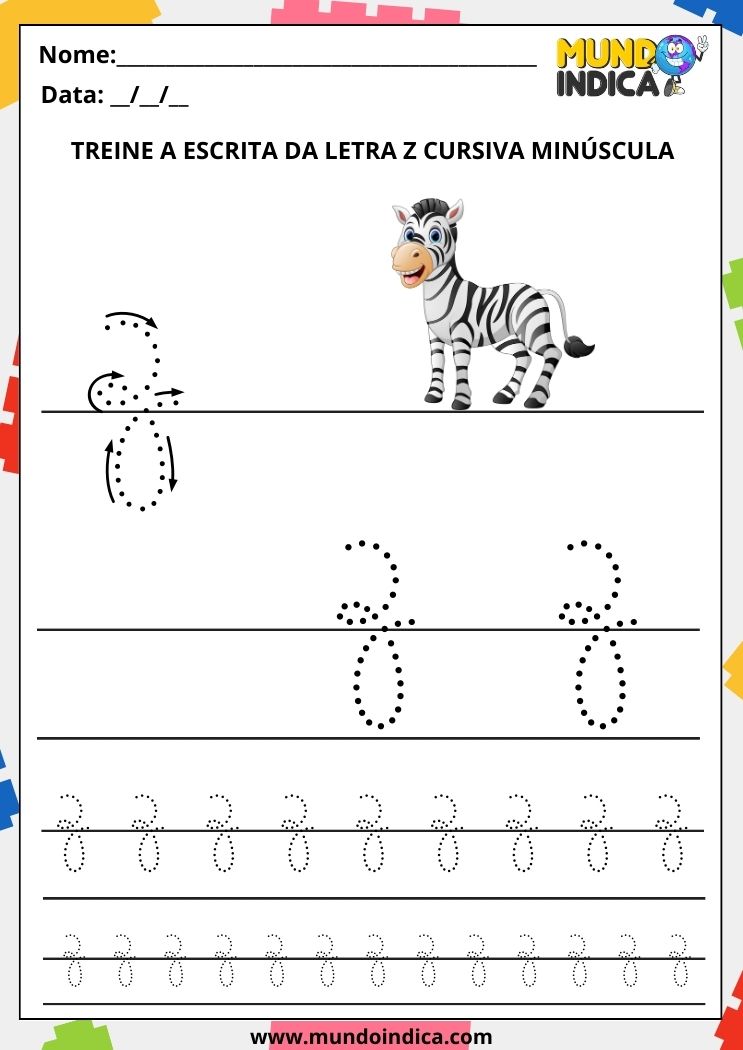 Folha de atividade com a letra z minúscula cursiva para imprimir