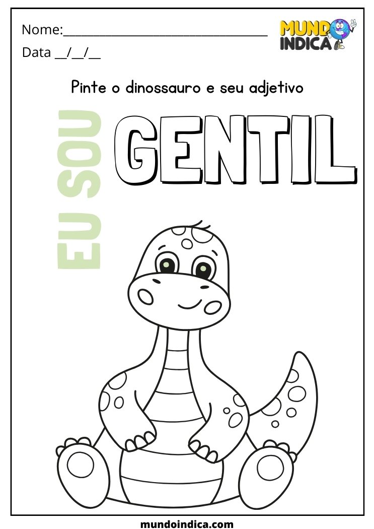 Atividade de Férias com Pintura do Dinossauro Fofo e Gentil para Educação Infantil