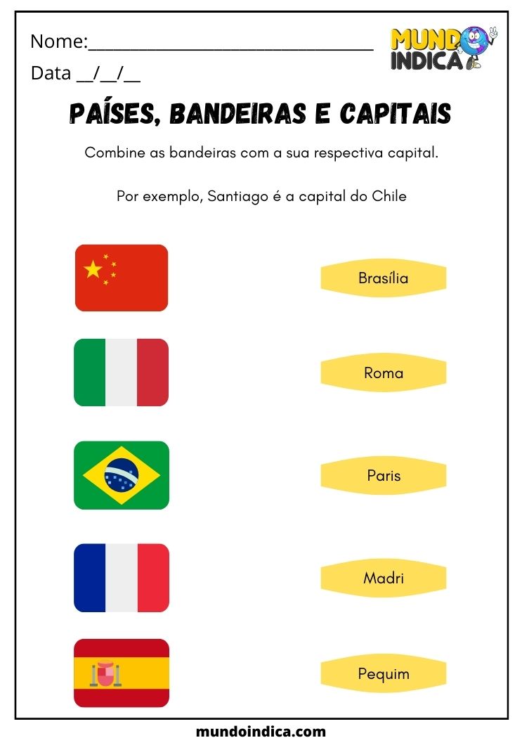 Atividade de Férias para Autistas com Bandeiras e Capitais para Imprimir