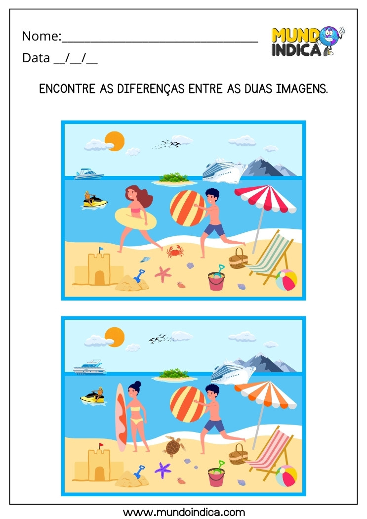 Atividade de Férias para Educação Infantil para Encontrar as Diferenças na Praia