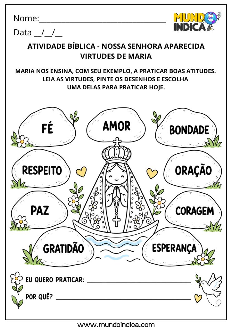 Atividade de Nossa Senhora Aparecida sobre Virtudes de Maria para Imprimir