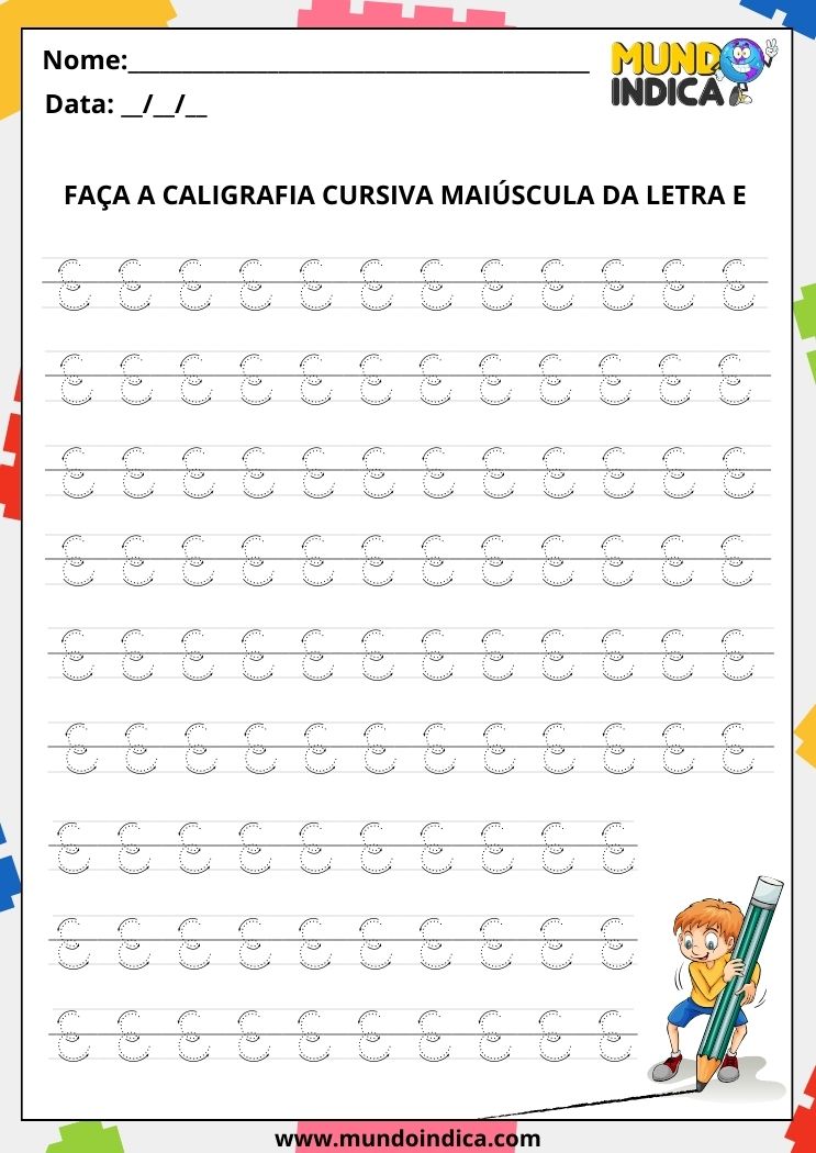 Folha de Atividade de caligrafia com a letra E cursiva maiúscula para imprimir