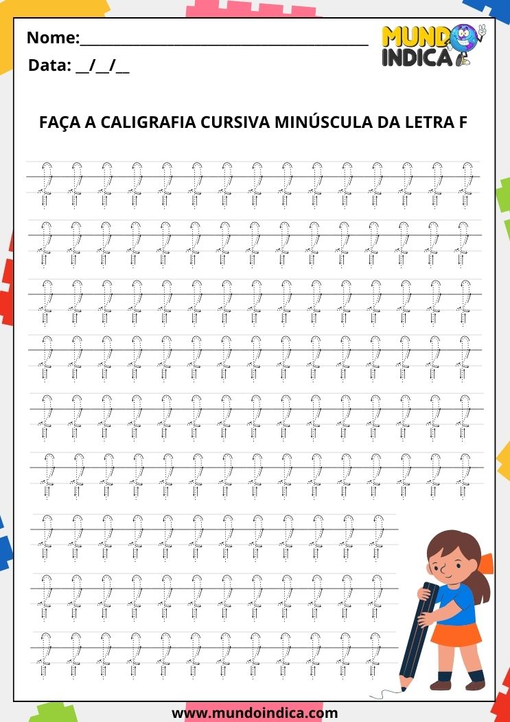 Folha de atividade de caligrafia com a letra F cursiva minúscula para imprimir