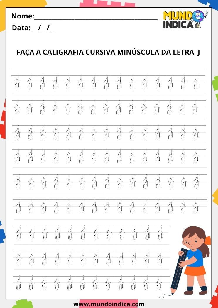 Folha de atividade de caligrafia com a letra J cursiva minúscula para imprimir