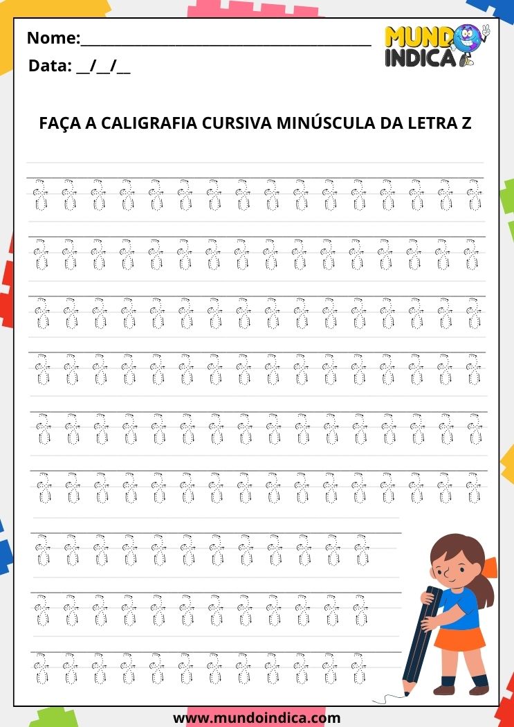 Folha de atividade de caligrafia com a letra Z cursiva minúscula para imprimir