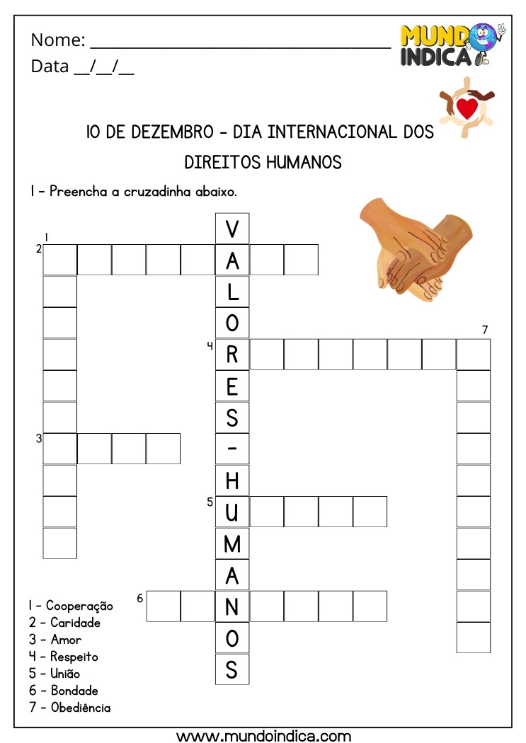 Atividade para o Dia Internacional dos Direitos Humanos com Cruzadinha para Imprimir