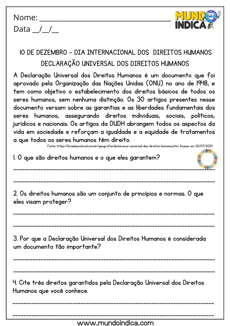 Atividade para o Dia Internacional dos Direitos Humanos com Interpretação de Texto para Imprimir