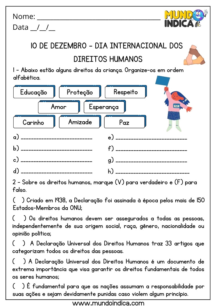 Atividade para o Dia Internacional dos Direitos Humanos e das Crianças com Ordem Alfabética e Verdadeiro ou Falso para Imprimir