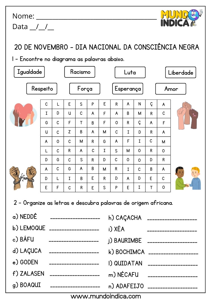 Atividade para o Dia Nacional da Consciência Negra com Caça-Palavras e Desembaralhe as Letras para Imprimir