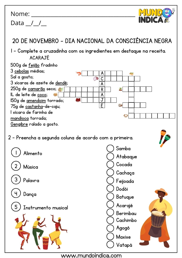 Atividade para o Dia Nacional da Consciência Negra com Cruzadinha de Comidas Típicas e Colunas a Serem Preenchidas para Imprimir