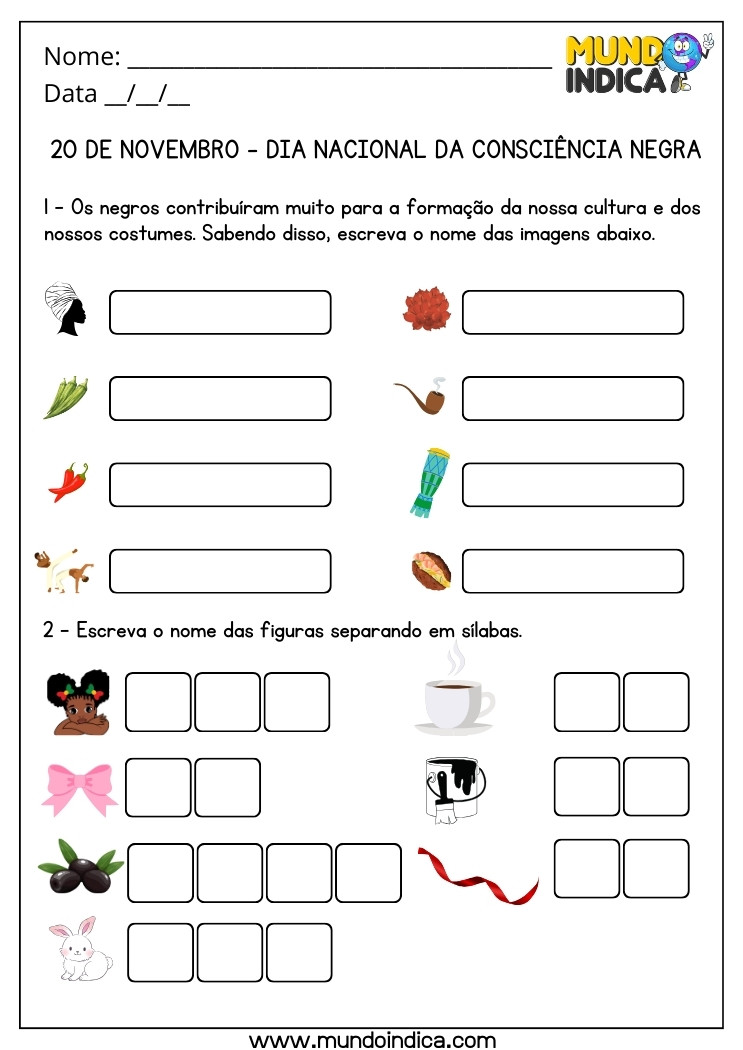 Atividade para o Dia Nacional da Consciência Negra com Nomes Relacionados à Cultura e Costumes para Imprimir