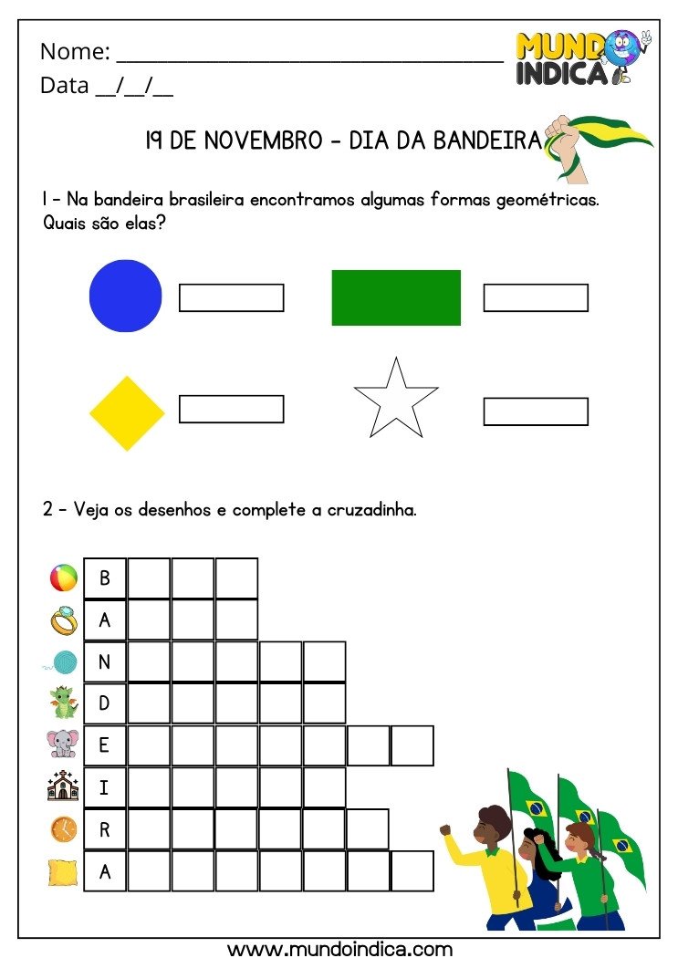 Atividade para o Dia da Bandeira com Formas Geométricas e Cruzadinha para Imprimir