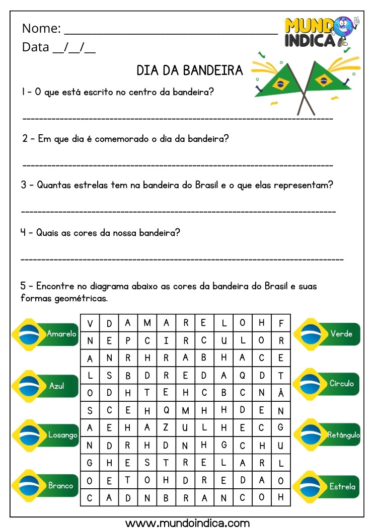 Atividade para o Dia da Bandeira com Perguntas Relacionadas e Caça-Palavras para Imprimir