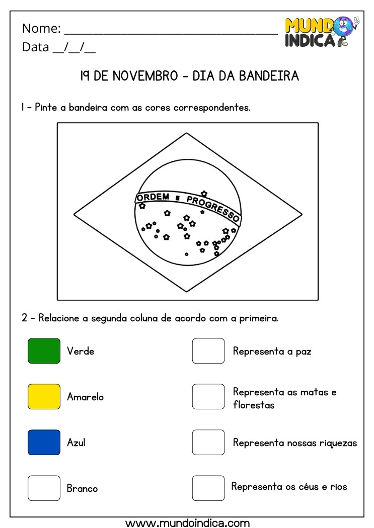 Atividade para o Dia da Bandeira com Pintura e Significado das Cores para Imprimir