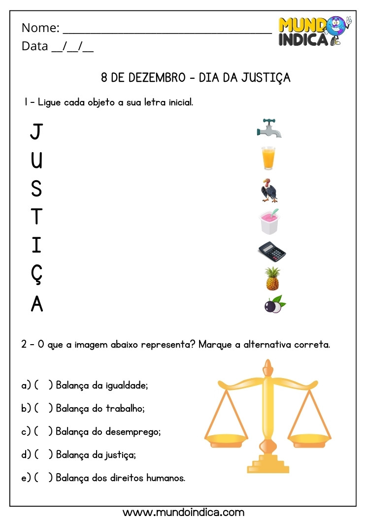 Atividade para o Dia da Justiça Ligue Cada Objeto a sua Letra Inicial e Pergunta sobre a Imagem da Balança da Justiça para Imprimir