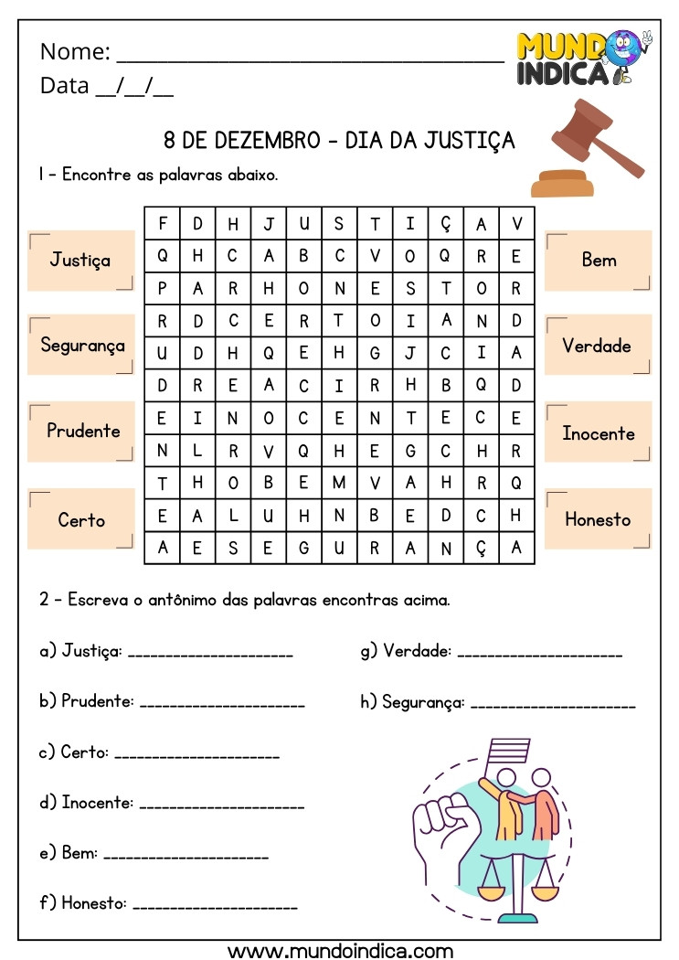 Atividade para o Dia da Justiça com Caça-Palavras e Antônimos para Imprimir