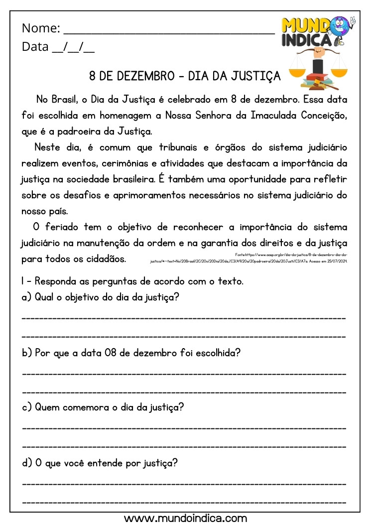 Atividade para o Dia da Justiça com Interpretação de Texto para Imprimir