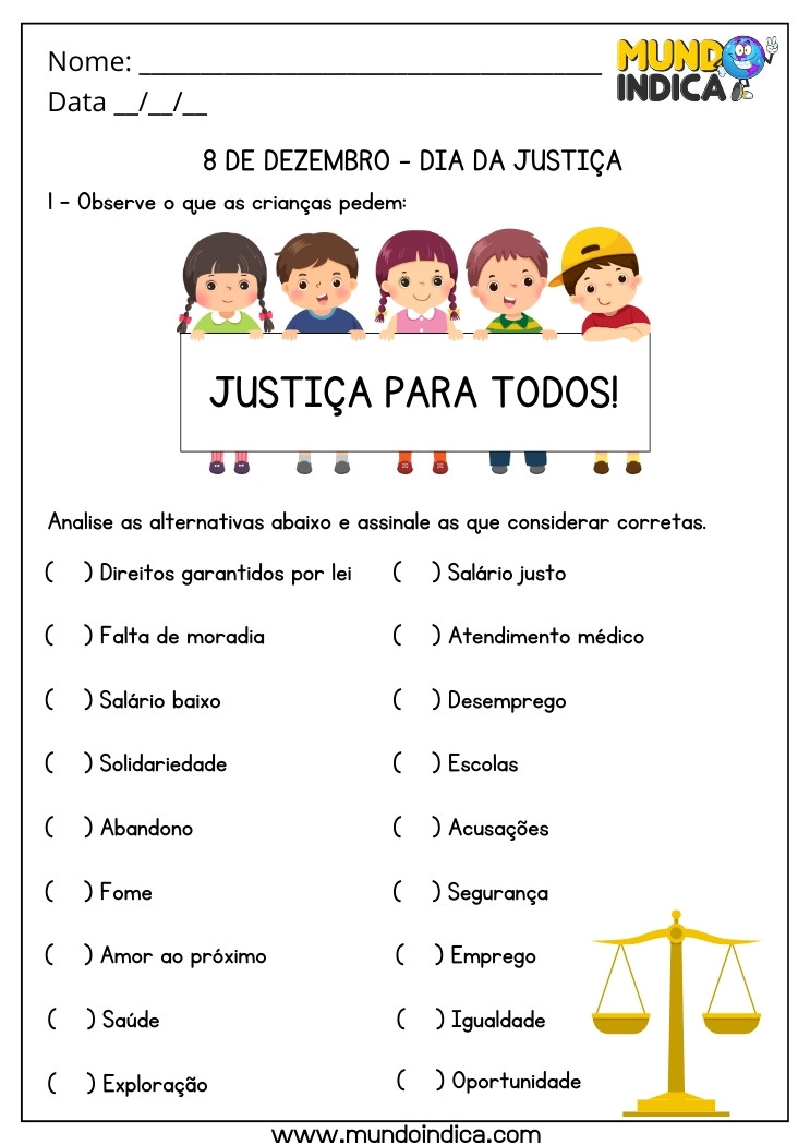 Atividade para o Dia da Justiça para Assinalar as Alternativas Corretas para Imprimir