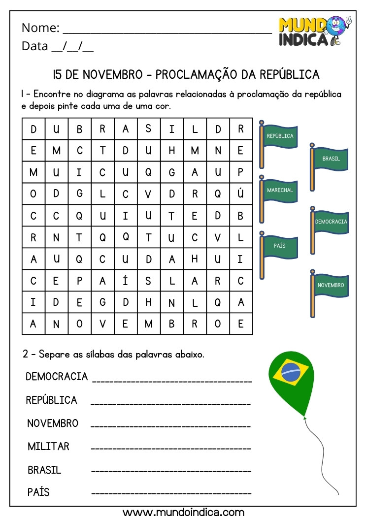 Atividade para o Dia da Proclamação da República com Caça-Palavras e Separação de Sílabas para Imprimir