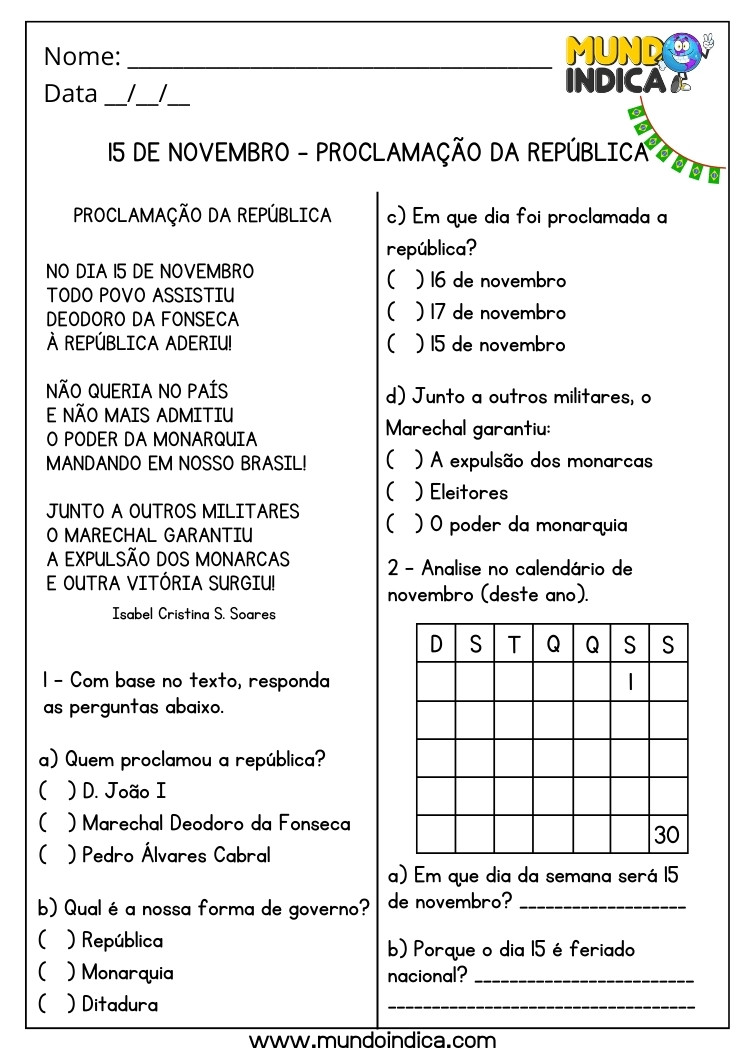 Atividade para o Dia da Proclamação da República com Perguntas Relacionadas para Imprimir