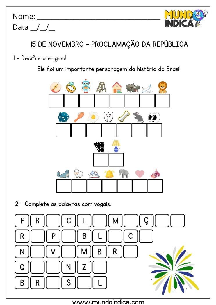 Atividade para o Dia da Proclamação da República para Decifrar o Enigma e Completar as Palavras com as Vogais para Imprimir