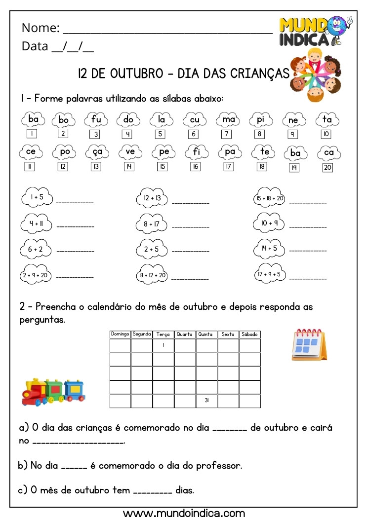 Atividade para o Dia das Crianças com Calendário, Sílabas e Perguntas Imprimir