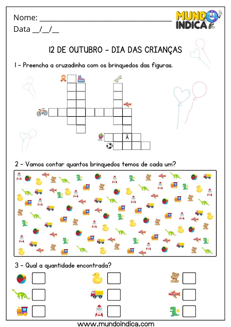 Atividade para o Dia das Crianças com Cruzadinha e Contagem dos Brinquedos Imprimir