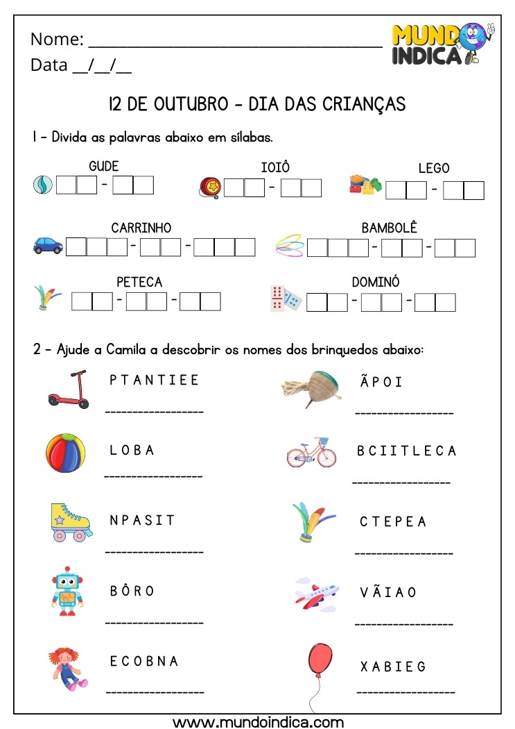 Atividade para o Dia das Crianças com Sílabas e Desembaralhe as Letras para Descobrir Nomes de Brinquedos Imprimir