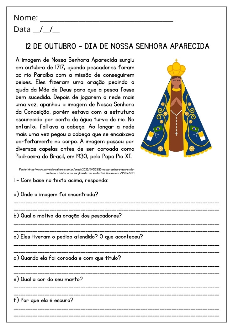 Atividade para o Dia de Nossa Senhora Aparecida com Interpretação de Texto para Imprimir