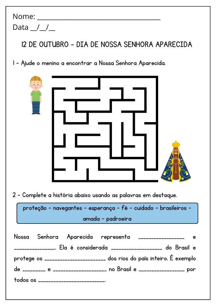 Atividade para o Dia de Nossa Senhora Aparecida com Labirinto e Complete a História com as Palavras em Destaque para Imprimir